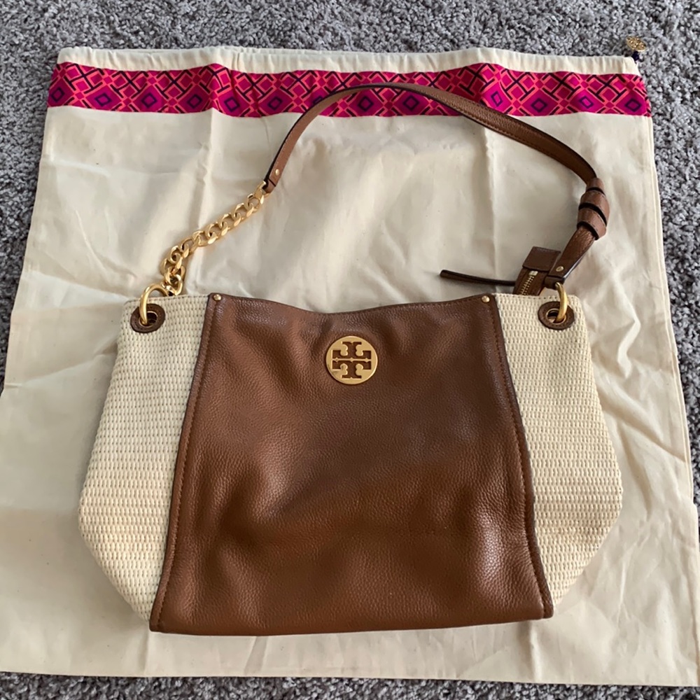 Tory Burch Everly Leather and Straw Hobo Bag